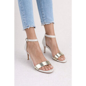 Alice + Olivia Metallic Gold Ankle Strap Heels Sandals Size 39.5 Evening White